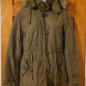 American Eagle Outfitters Brown Utility Jacket with Fur-Trimmed Hood